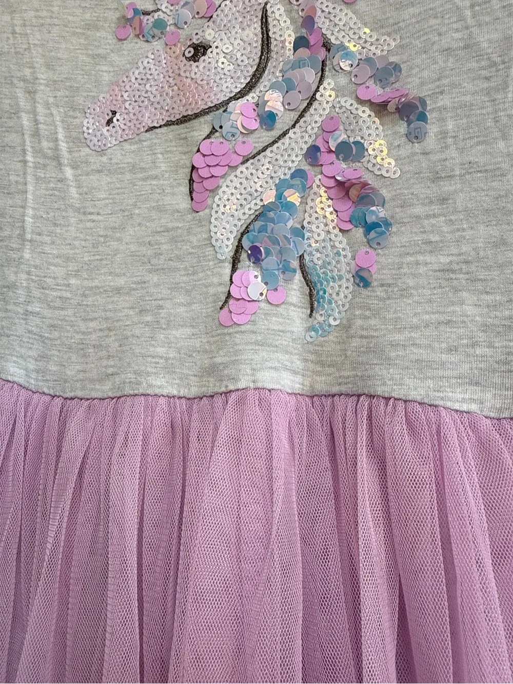 Girls' Purple Tulle Unicorn Dress - Soft Gray Top
